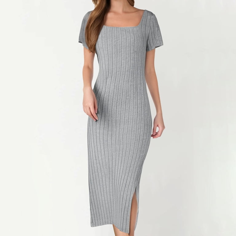 bodycon tennis dress Women's Casual 2025 Summer With Short Sleeves Square Neck Midi Length Knit Side Slit Ribbed Black L Color:Hot Chocolate