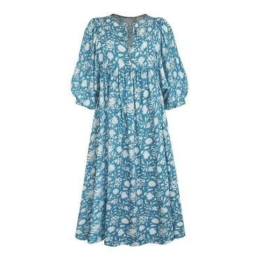 Women's Casual Dress Boho Pleated V Neck Vintage Floral Print Flowy Long Dresses, S-XL - S