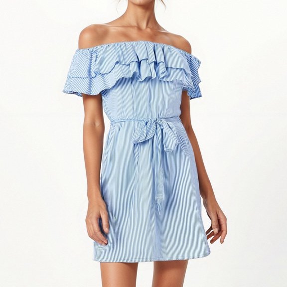 Women's Casual Dress Daily Wear Short Sleeve Striped Off Shoulder Flounce Sleeve Dress with Necklace for Spring Summer Platform Competitive Blue S