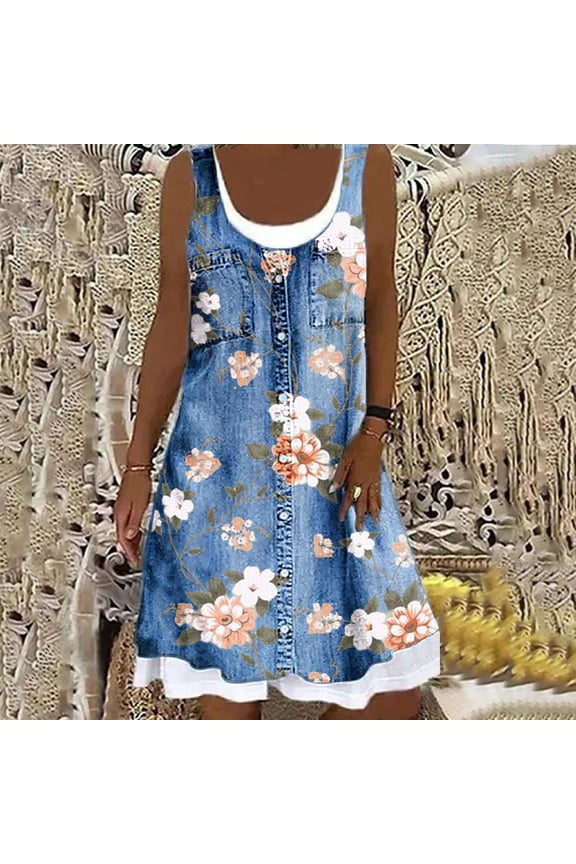 Women's Casual Dress Dresses For Women Beach Spring Striped Print Cute Dress Sleeveless Casual Dress Round Neck Loose Tank Dress Blue L