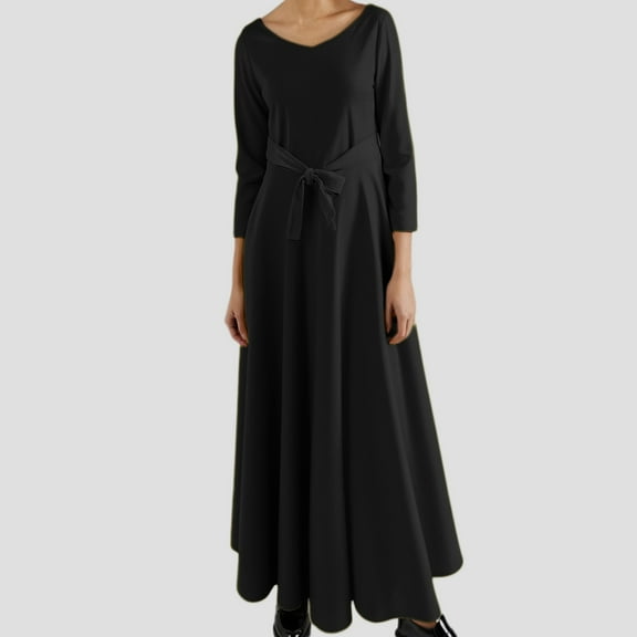 Women's Casual Dress Elegant High Waist Long Dress With Tie Detail Round Neck Three Quarter Sleeve Versatile For Daily Vacation Party Spring Summer Fall Peach Casual Dress below The Knee Dresses Women