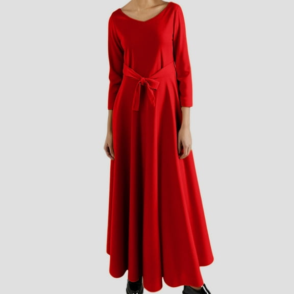 Women's Casual Dress Elegant High Waist Long Dress With Tie Detail Round Neck Three Quarter Sleeve Versatile For Daily Vacation Party Spring Summer Fall Peach Casual Dress below The Knee Dresses Women