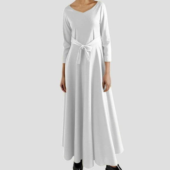 Women's Casual Dress Elegant High Waist Long Dress With Tie Detail Round Neck Three Quarter Sleeve Versatile For Daily Vacation Party Spring Summer Fall Peach Casual Dress below The Knee Dresses Women