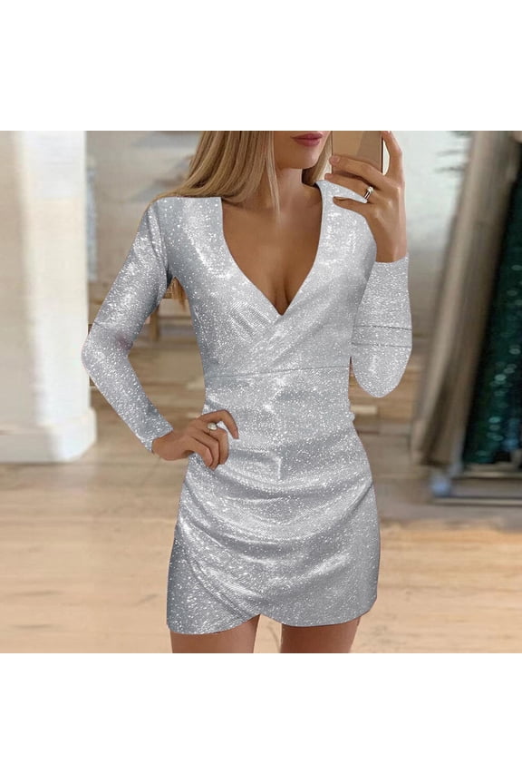 Women's Casual Dress Elegant Party Belt Frill Sequins V-Neck Long Sleeve Slim Self-Cultivation Dress for Women Silver XXL