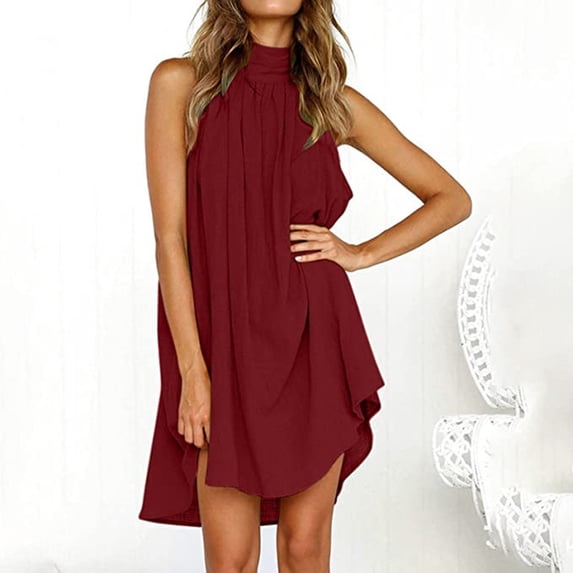 Women's Casual Tennis Dress Elegant Strappy Neck Sleeveless Beach Swing Dress for Summer Red XXL