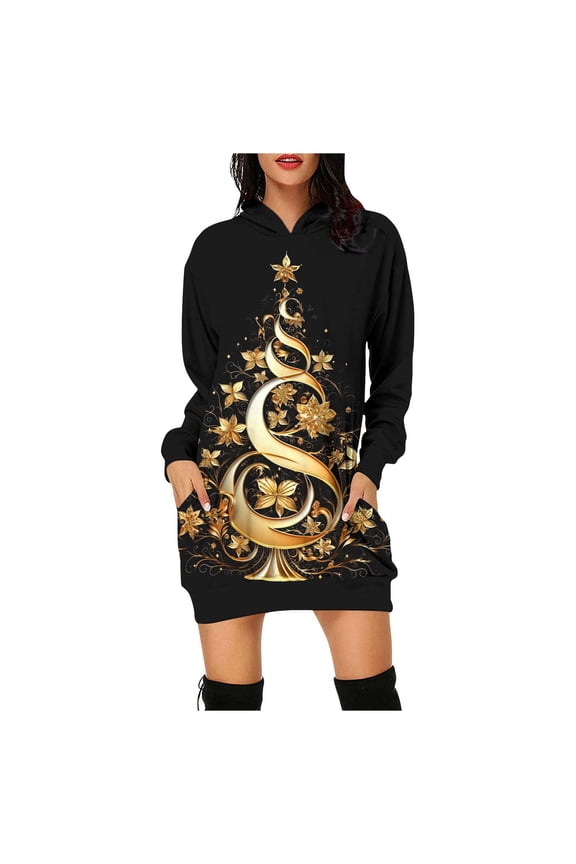 Women's Casual Dress Fashion Autumn Winter Christmas Tree Print Round Neck Long Sleeve Hooded Skirt with Pockets Comfortable Stylish
