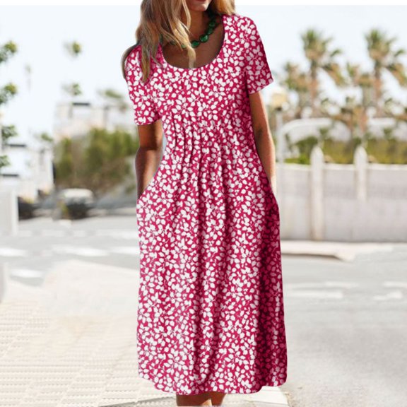 Women's Casual Dress Fashion Forward Short Sleeve Printed Round Neck Midi Dress for Everyday Style Red XL