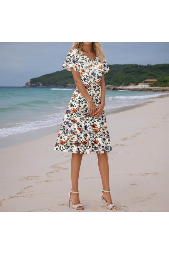Women's Casual Dress Feminine Floral V-Neck Short Sleeve Everyday Dress for Summer Autumn Comfortable Flowing Style for Daily Wear Beige S