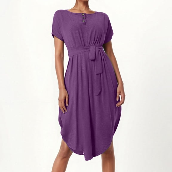 Women's Casual Dress Flowy Button Down Belted Waist Everyday Wear Spring Summer Fall Basic Solid Color Midi Dress Short Dresses Top Dress for Women Womens Summer Dresses Knee Length Dress for Women