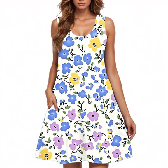 ZQUUVOU Women's Casual Dress For Summer Pleated Sleeveless Dress Loose Flowy Beach Flare Multicolor