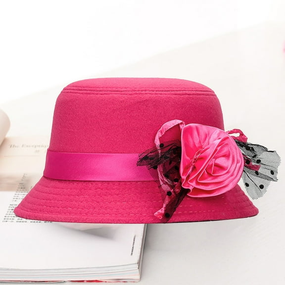 Women's Casual Dress Hat,Retro British Style Wool Wide Brim Cloche Hat with Flower Decoration,Autumn Winter Fashion Hat for Formal Occasions and Daily Wear, Elegant Vintage Inspired Design Hot Pink