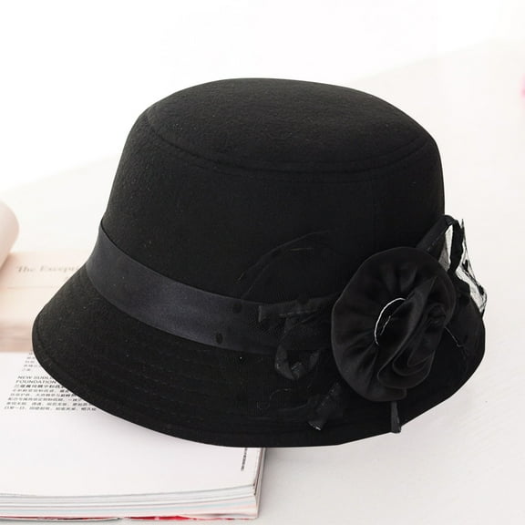 Women's Casual Dress Hat,Retro British Style Wool Wide Brim Cloche Hat with Flower Decoration,Autumn Winter Fashion Hat for Formal Occasions and Daily Wear, Elegant Vintage Inspired Design Black