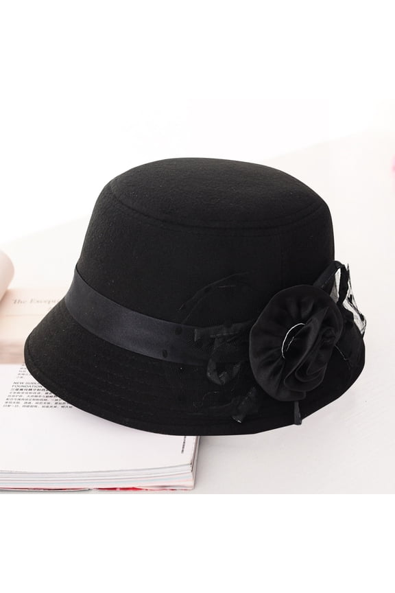 Women's Casual Dress Hat,Retro British Style Wool Wide Brim Cloche Hat with Flower Decoration,Autumn Winter Fashion Hat for Formal Occasions and Daily Wear, Elegant Vintage Inspired Design Black