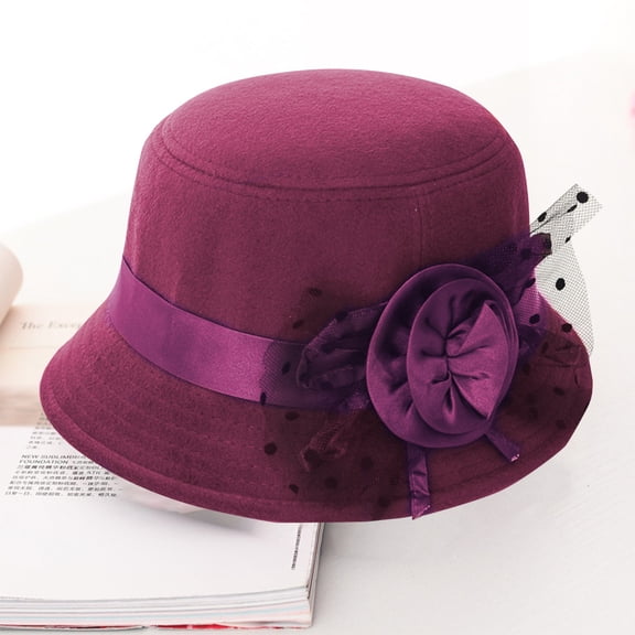 Women's Casual Dress Hat,Retro British Style Wool Wide Brim Cloche Hat with Flower Decoration,Autumn Winter Fashion Hat for Formal Occasions and Daily Wear, Elegant Vintage Inspired Design Wine