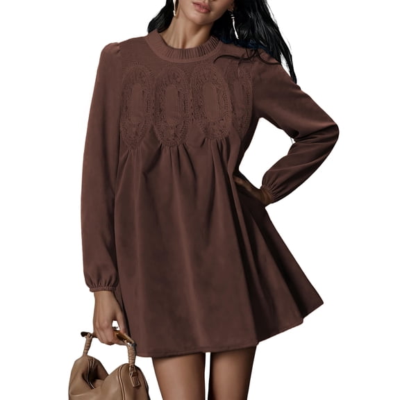Women's Casual Dress, Long Sleeve Crew Neck T-Shirt Midi Dress, Versatile Everyday Wear for Office, Weekend Outings, and Spring Errands Brown M