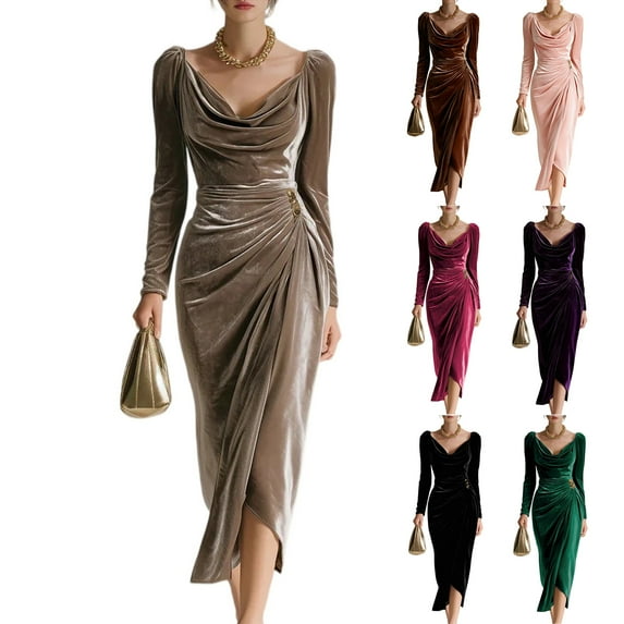Women's Casual Dress Long Sleeve Elegant Fitted Classic Solid Color Midi Dress for Spring Fall Office Daily,Camel,2XL