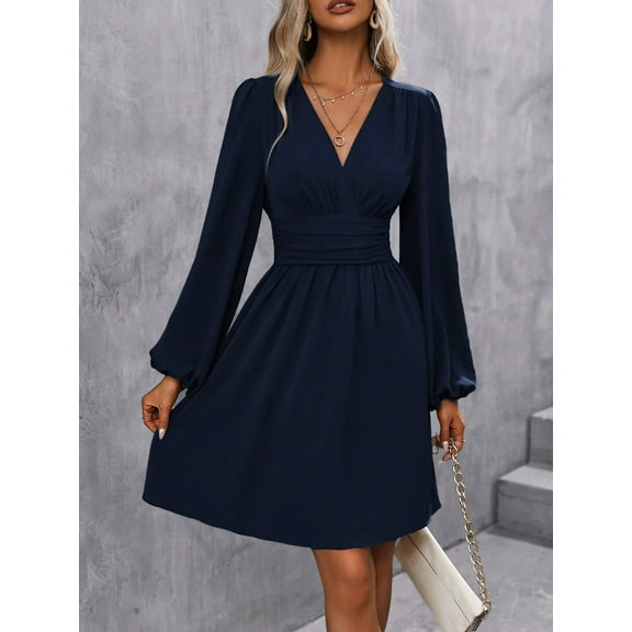 Women's Casual Dress Long Sleeve High Waist A-line Dress Wrap Dress with V-Neck Midi Dress