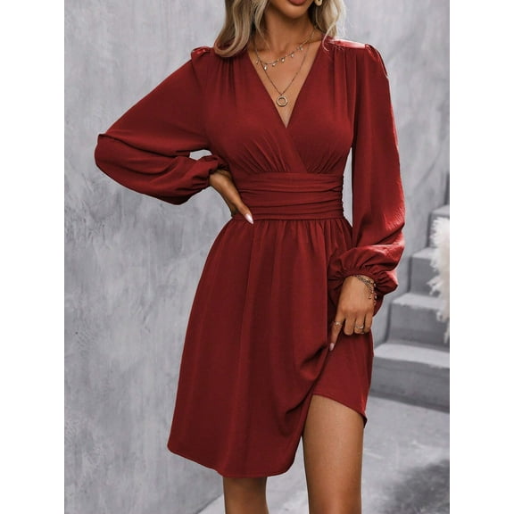 Women's Casual Dress Long Sleeve High Waist A-line Dress Wrap Dress with V-Neck Midi Dress