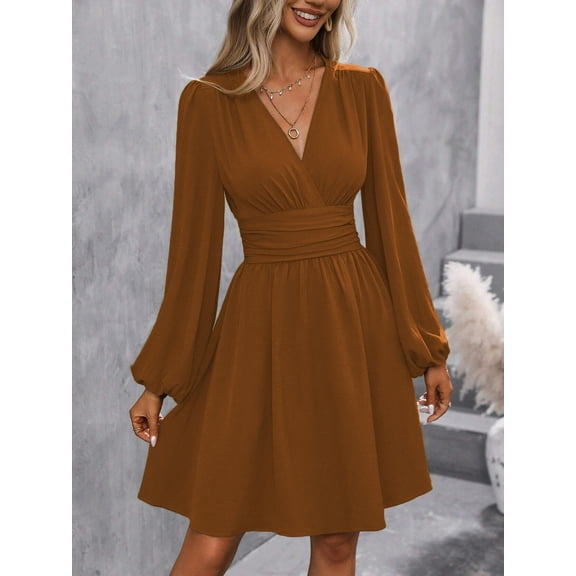 Women's Casual Dress Long Sleeve High Waist A-line Dress Wrap Dress with V-Neck Midi Dress