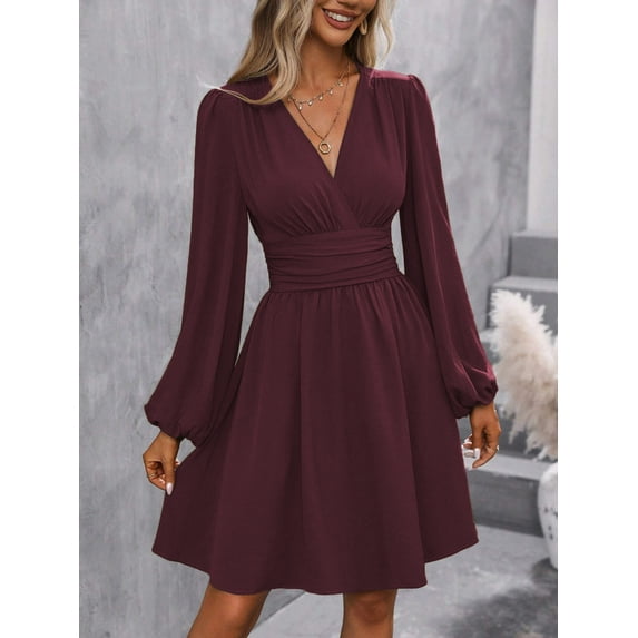 Women's Casual Dress Long Sleeve High Waist A-line Dress Wrap Dress with V-Neck Midi Dress