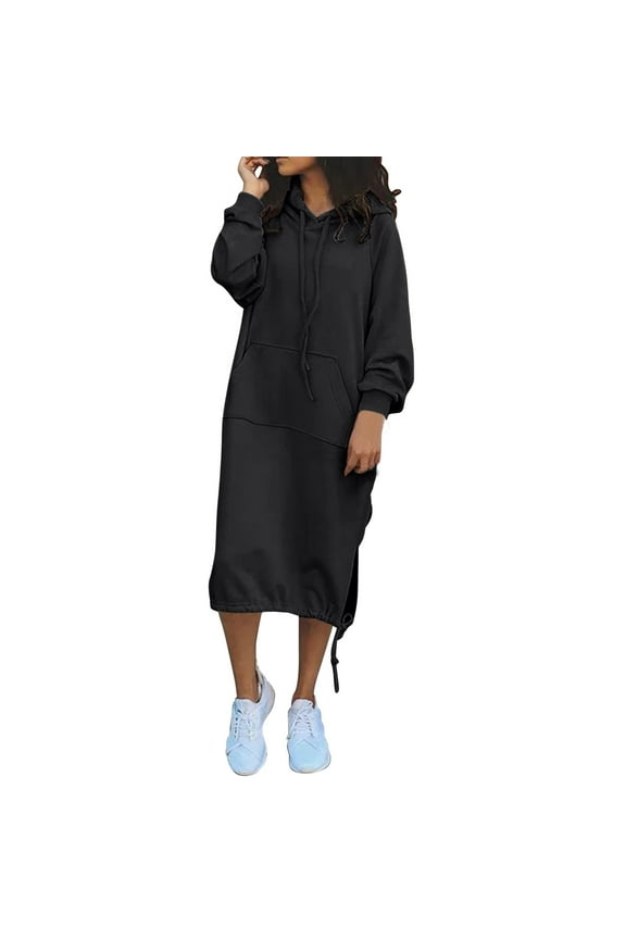 Women's Casual Dress Long Sleeve Hooded Solid Color Warm Pocket Dress Comfortable Stylish Everyday Wear