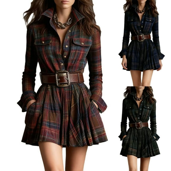 Women's Casual Dress Long Sleeve Plaid Checked Shirt Style Loose Fit Midi Dress for Spring Fall,Army Green,L