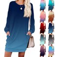 thumbnail image 1 of Women's Casual Dress Long Sleeve Round Neck Gradient Color Print with Pocket Loose Fit Midi Dress for Spring Fall,Cyan,M, 1 of 6