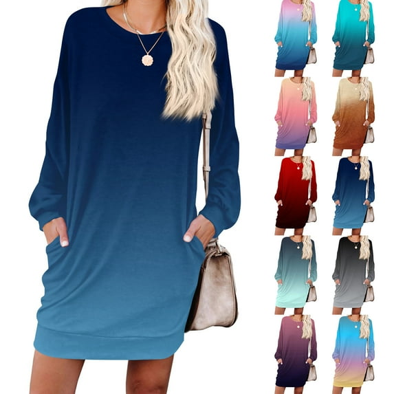 Women's Casual Dress Long Sleeve Round Neck Gradient Color Print with Pocket Loose Fit Midi Dress for Spring Fall,Gray,XL