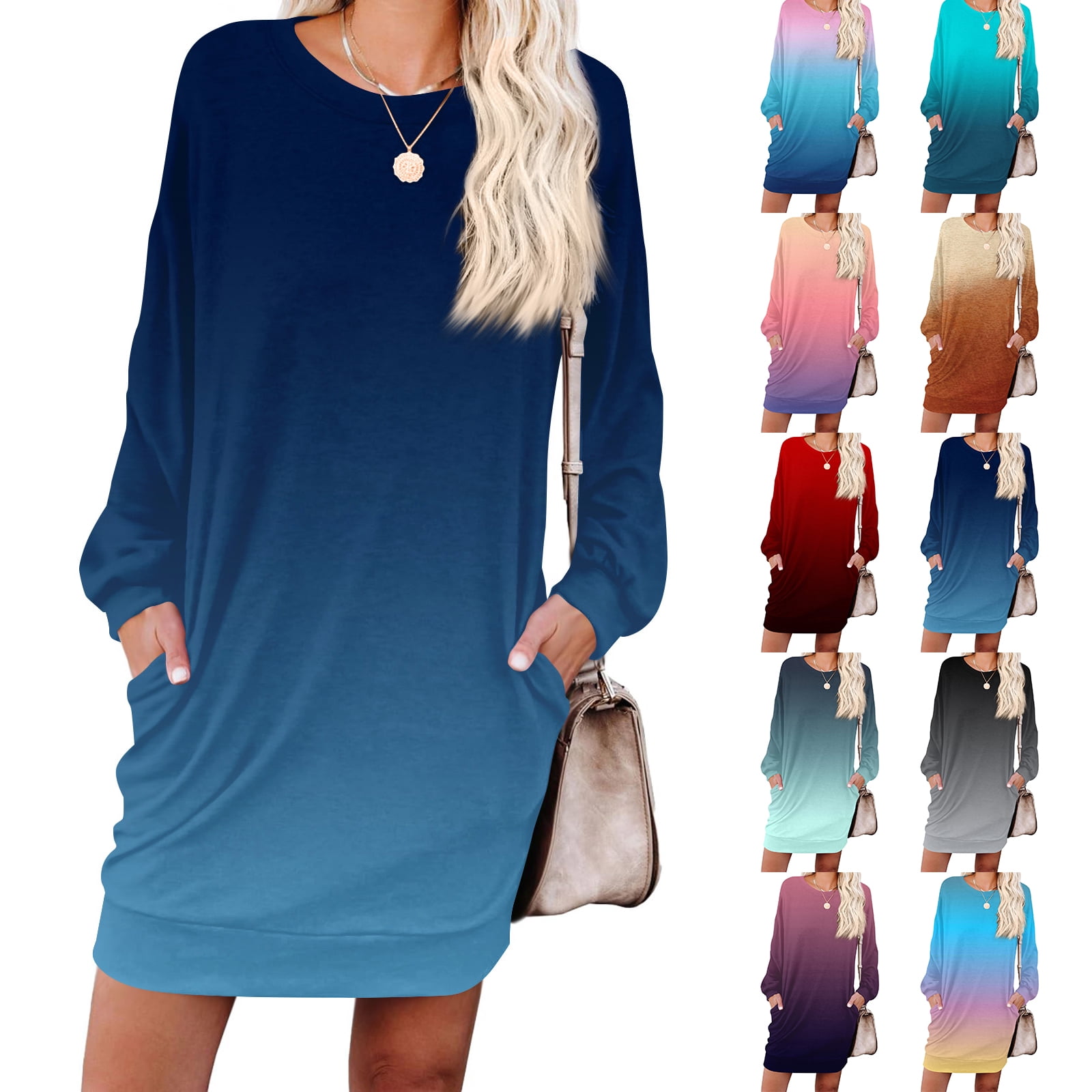 Women's Casual Dress Long Sleeve Round Neck Gradient Color Print with ...