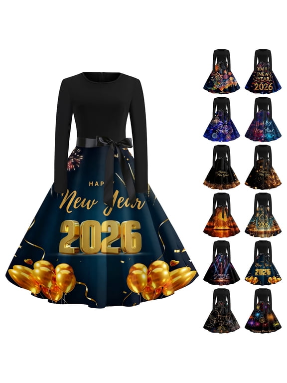 Women's Casual Dress Long Sleeve Round Neck New Year Printed Vintage Loose Fit Midi Dress for Spring Fall Holiday,Blue,L