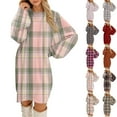 thumbnail image 1 of Women's Casual Dress Long Sleeve Round Neck Plush Flannel Plaid Print Loose Fit Winter Dress for Holiday Season,Complexion,L, 1 of 7