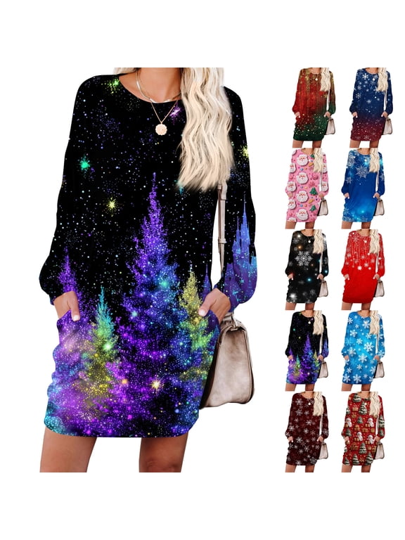 Women's Casual Dress Long Sleeve Round Neck Snowflake Print with Pocket Winter Theme Loose Fit Midi Dress for Spring Fall,Blue,XL