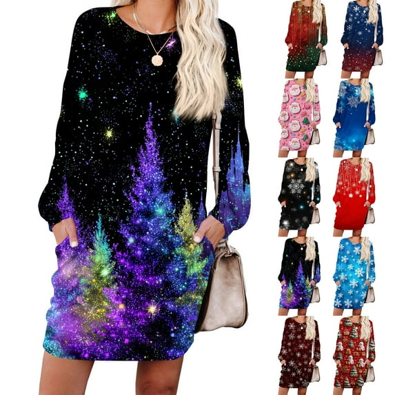 Women's Casual Dress Long Sleeve Round Neck Snowflake Print with Pocket Winter Theme Loose Fit Midi Dress for Spring Fall,Red,S