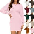 thumbnail image 1 of Women's Casual Dress Long Sleeve Round Neck Solid Color Classic Fit Midi Dress for Spring Fall Daily Wear,Khaki,M, 1 of 6