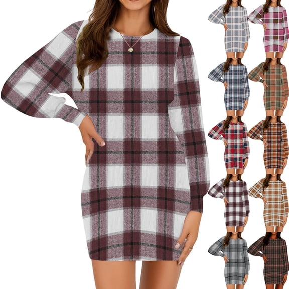 Women's Casual Dress Long Sleeve Round Neck Solid Color Classic Fit Midi Dress for Spring Fall Daily Wear,Purple Pink,M