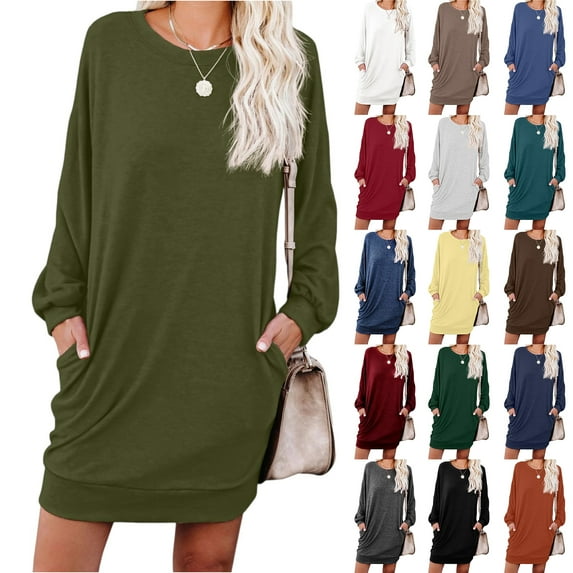 Women's Casual Dress Long Sleeve Round Neck Solid Color with Pocket Classic Fit Midi Dress for Spring Fall Everyday,Saffron,M