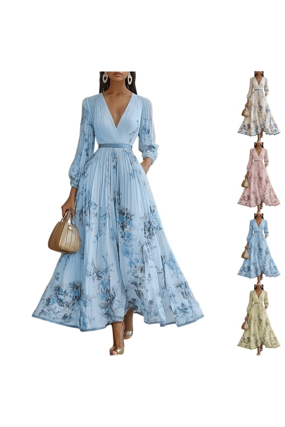 Women's Casual Dress Long Sleeve Square Neck Loose Fit Floral Print Babydoll Midi Dress for Spring Fall Vacation,Light Blue,L