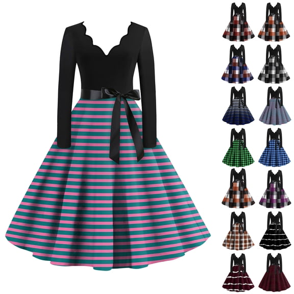 Women's Casual Dress Long Sleeve V-Neck Loose Fit Retro Printed Midi Dress for Spring Fall Daily Comfort Wear,Dark Purple,M