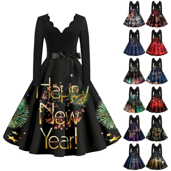 Women's Casual Dress Long Sleeve V-Neck New Year Printed Vintage Loose Fit Midi Dress for Spring Fall Holiday,Black,L