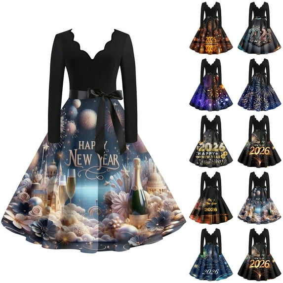 Women's Casual Dress Long Sleeve V-Neck New Year Printed Vintage Loose Fit Midi Dress for Spring Fall Holiday,Orange,XL