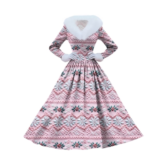 Women's Casual Dress Long-Sleeve V-Neck Patchwork Fleece Christmas Print Dress, Holiday Print, Plush Material, Retro Style, Party Wear, Comfort,Light pink,S