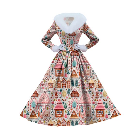 Women's Casual Dress Long-Sleeve V-Neck Patchwork Fleece Christmas Print Dress, Holiday Print, Plush Material, Retro Style, Party Wear, Comfort,Multicolor,L