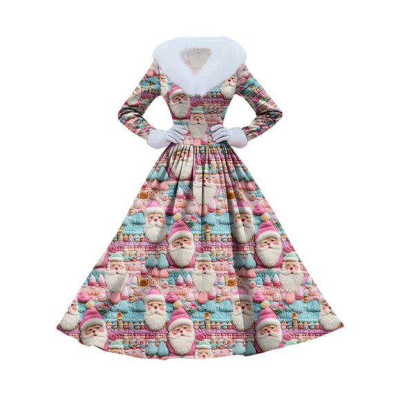 Women's Casual Dress Long-Sleeve V-Neck Patchwork Fleece Christmas Print Dress, Holiday Print, Plush Material, Retro Style, Party Wear, Comfort,Pink,L