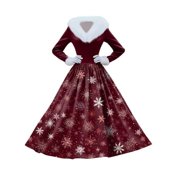 Women's Casual Dress Long-Sleeve V-Neck Patchwork Fleece Christmas Print Dress, Holiday Print, Plush Material, Retro Style, Party Wear, Comfort,Wine,L