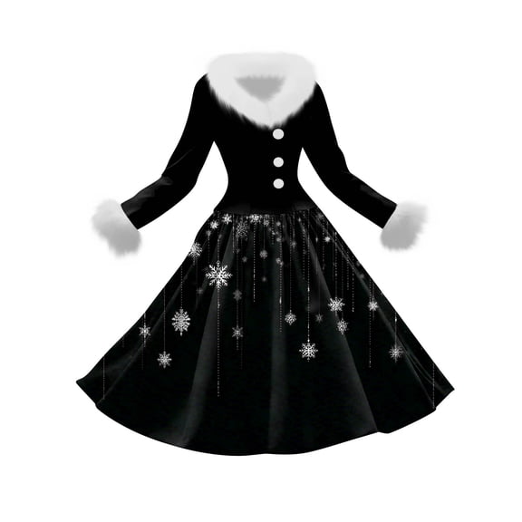 Women's Casual Dress Long-Sleeve V-Neck Patchwork Fleece Christmas Print Dress for Warm Holiday Wear and Cozy Fashion,Black,XL