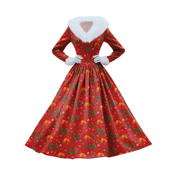 Women's Casual Dress Long-Sleeve V-Neck Patchwork Fleece Christmas Print Dress for Warm Holiday Wear and Cozy Fashion,Deep Red,XL