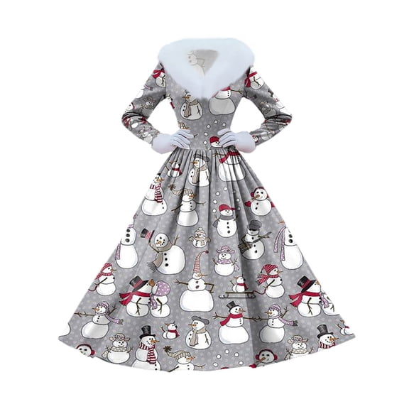 Women's Casual Dress Long-Sleeve V-Neck Patchwork Fleece Christmas Print Dress for Warm Holiday Wear and Cozy Fashion,Gray,XL