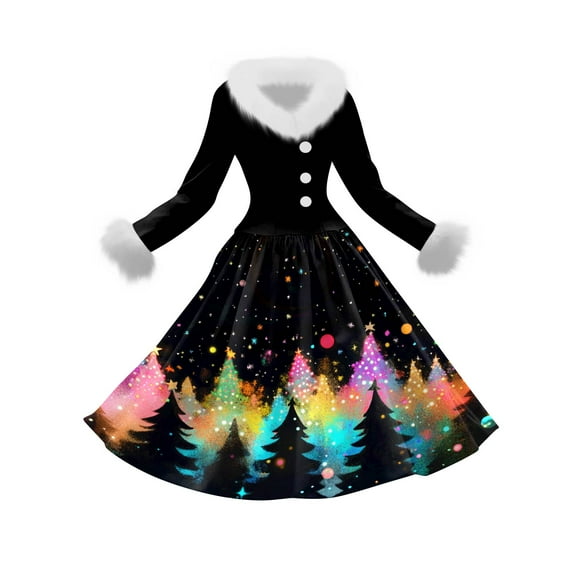 Women's Casual Dress Long-Sleeve V-Neck Patchwork Fleece Christmas Print Dress for Warm Holiday Wear and Cozy Fashion,Purple,M