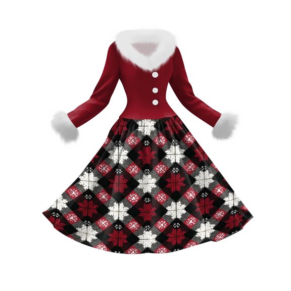 Women's Casual Dress Long-Sleeve V-Neck Patchwork Fleece Christmas Print Dress for Warm Holiday Wear and Cozy Fashion,Red,L