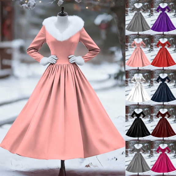 Women's Casual Dress Long Sleeve V-Neck Patchwork Fleece Christmas Print Dress for Winter Season and Christmas Parties,Pink,L